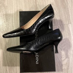 Kitten heel black crocodile pointed-toe pumps by Adrienne Vittadini